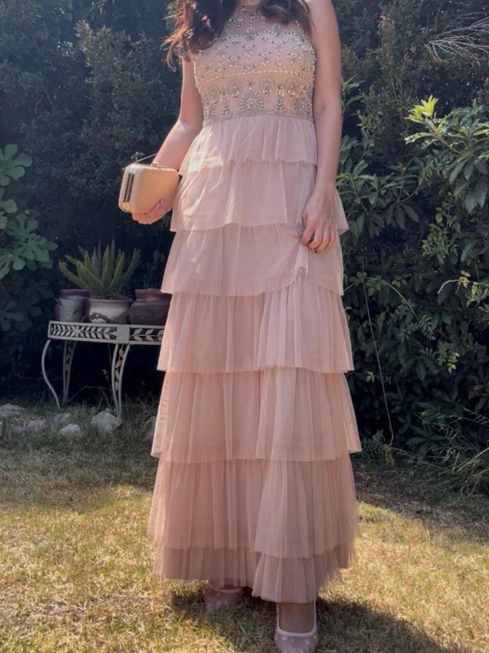Adrianna Papell Blush Pink Tiered Tulle Skirt Beaded Bodice Ball Gown Dress Sz 6